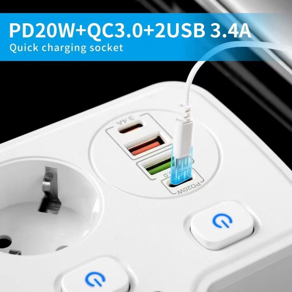 Разклонител BKL-503EU Overload Protection 3250W, 100-250V, 50/60Hz, QC PD 20W с Тъч, бял - - продуктова снимка - MixoMarket