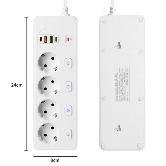 Разклонител BKL-504EU Overload Protection 3250W, 100-250V, 50/60Hz, QC PD 20W, бял - купи онлайн от MixoMarket