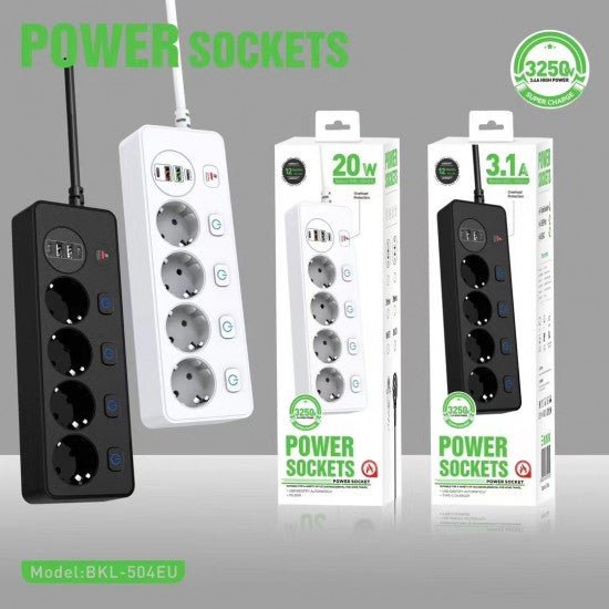 Разклонител BKL-504EU Overload Protection 3250W, 100-250V, 50/60Hz, QC PD 20W, бял - купи онлайн от MixoMarket