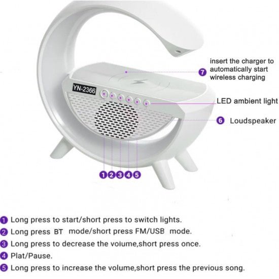 Bluetooth Тонколонка, Led Лампа YN - 2366, безжично зарядно, будилник (LED, AUX, USB, FM, microSD) - MixoMarket